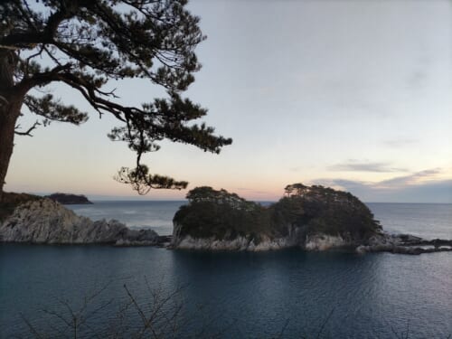 展望台から見える朝日に照らされる浄土ヶ浜